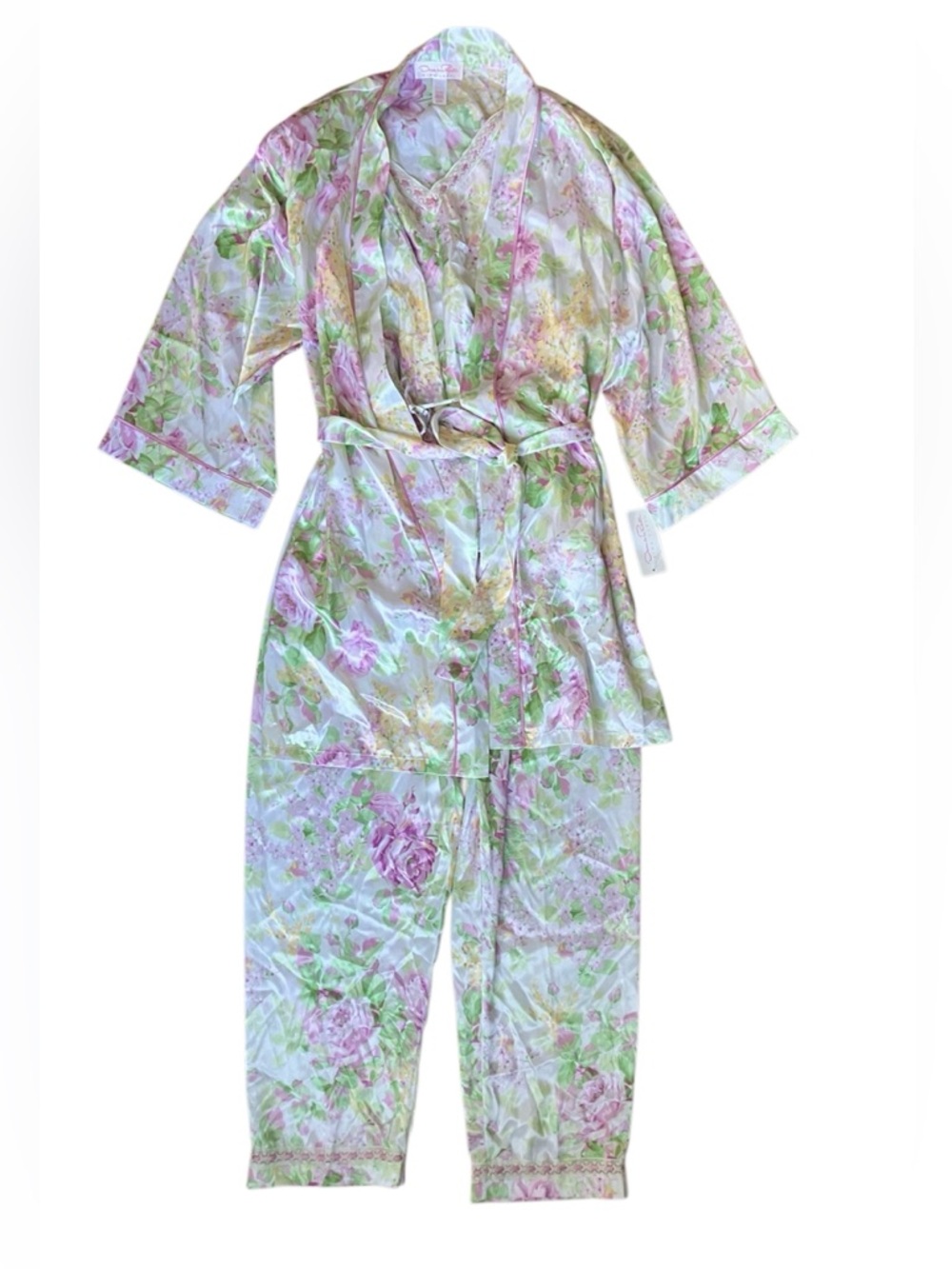 Vtg Oscar De La Renta Pink Label Satin Pink Green Floral Robe Lounge 3 Piece Set